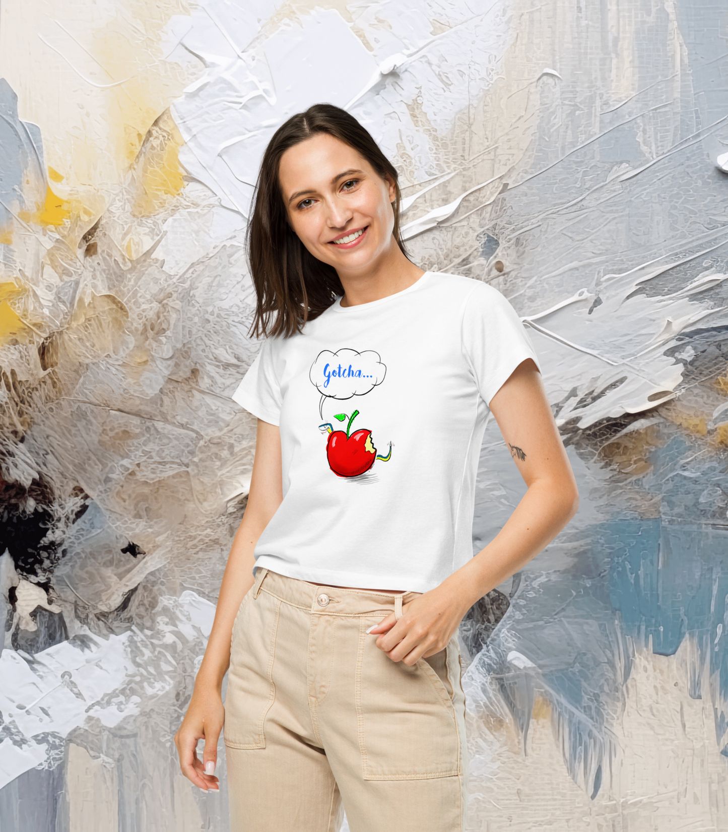 Loose Style Series - Apple & Snake - Women’s High-Waisted White T-shirt