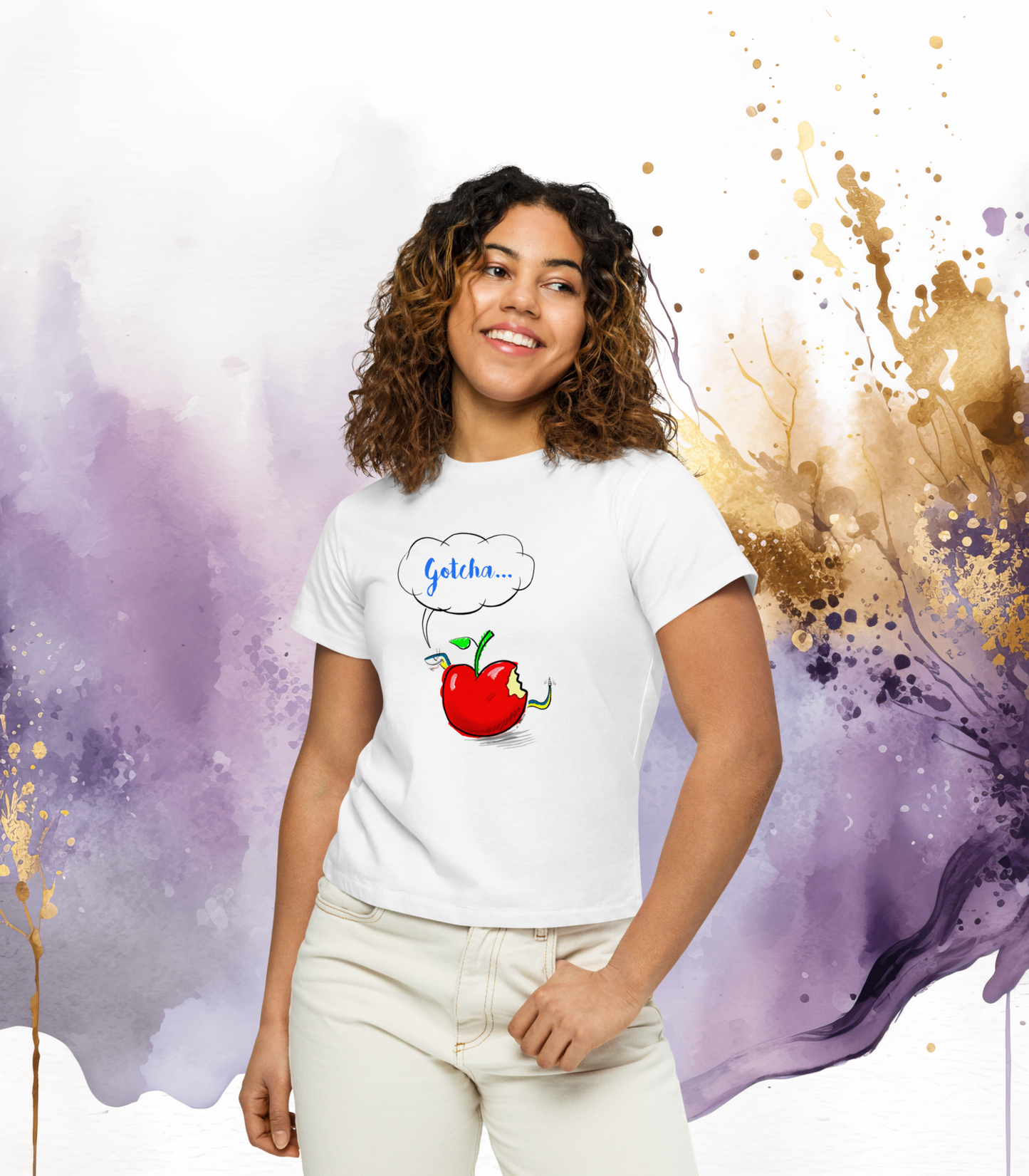 Loose Style Series - Apple & Snake - Women’s High-Waisted White T-shirt