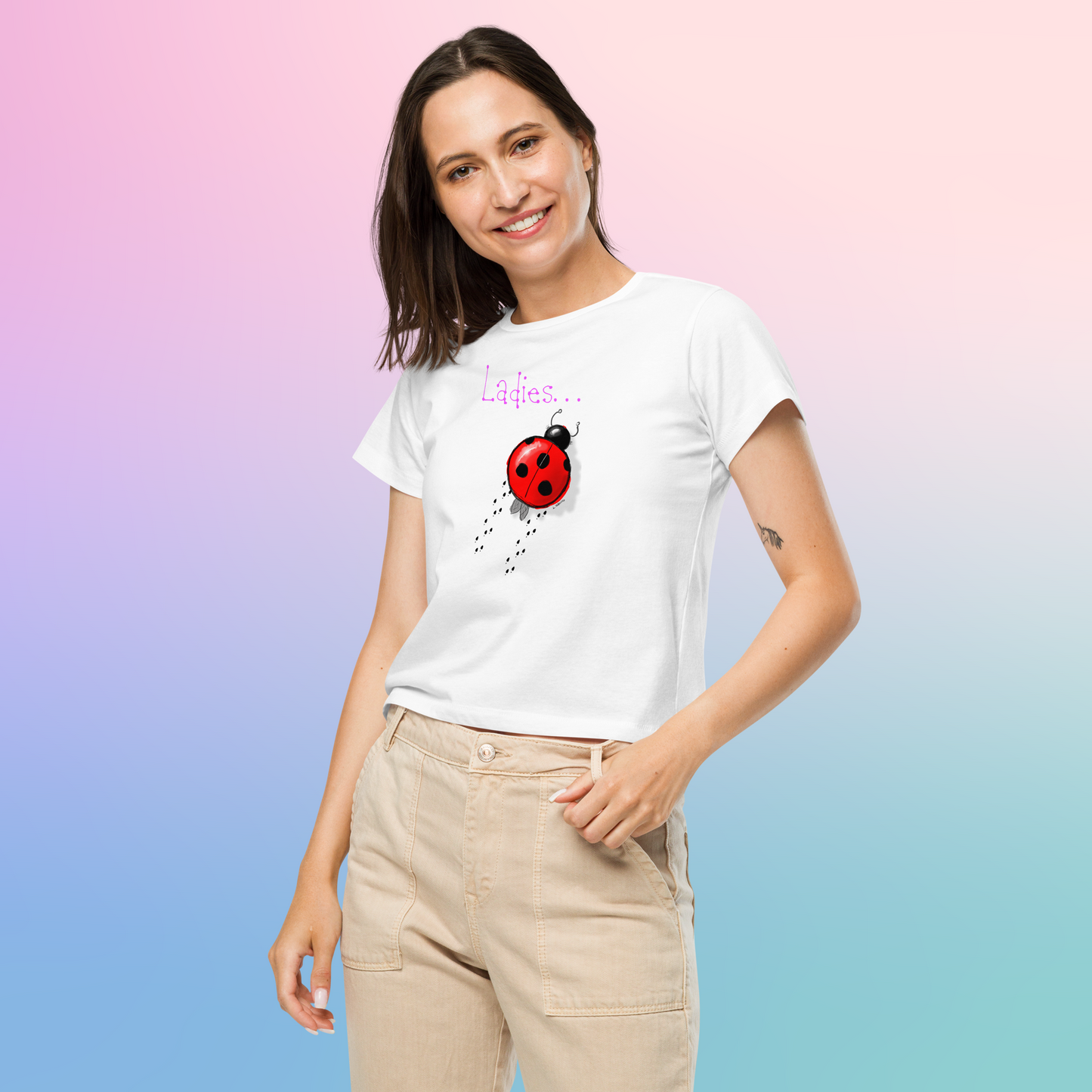 Loose Style Series - Ladybug - Women’s High-Waisted White T-shirt