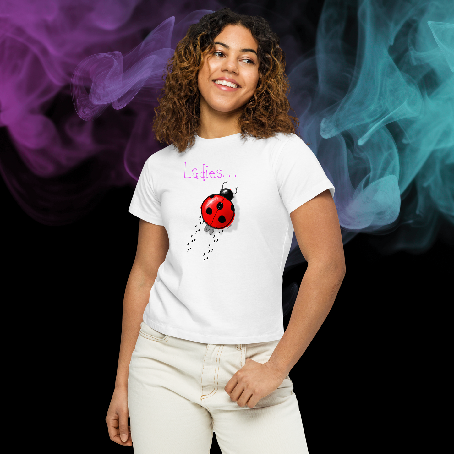 Loose Style Series - Ladybug - Women’s High-Waisted White T-shirt