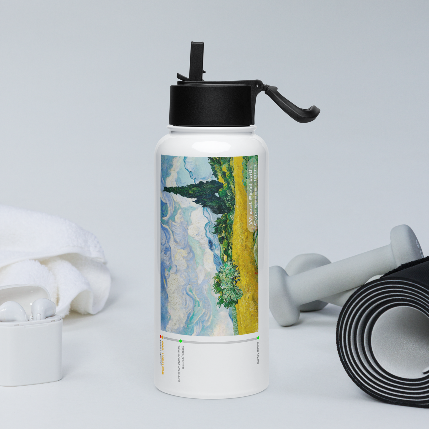 Van Gogh Collection - Wheatfield with Crows - Stainless Steel Water Bottle (with a straw lid)