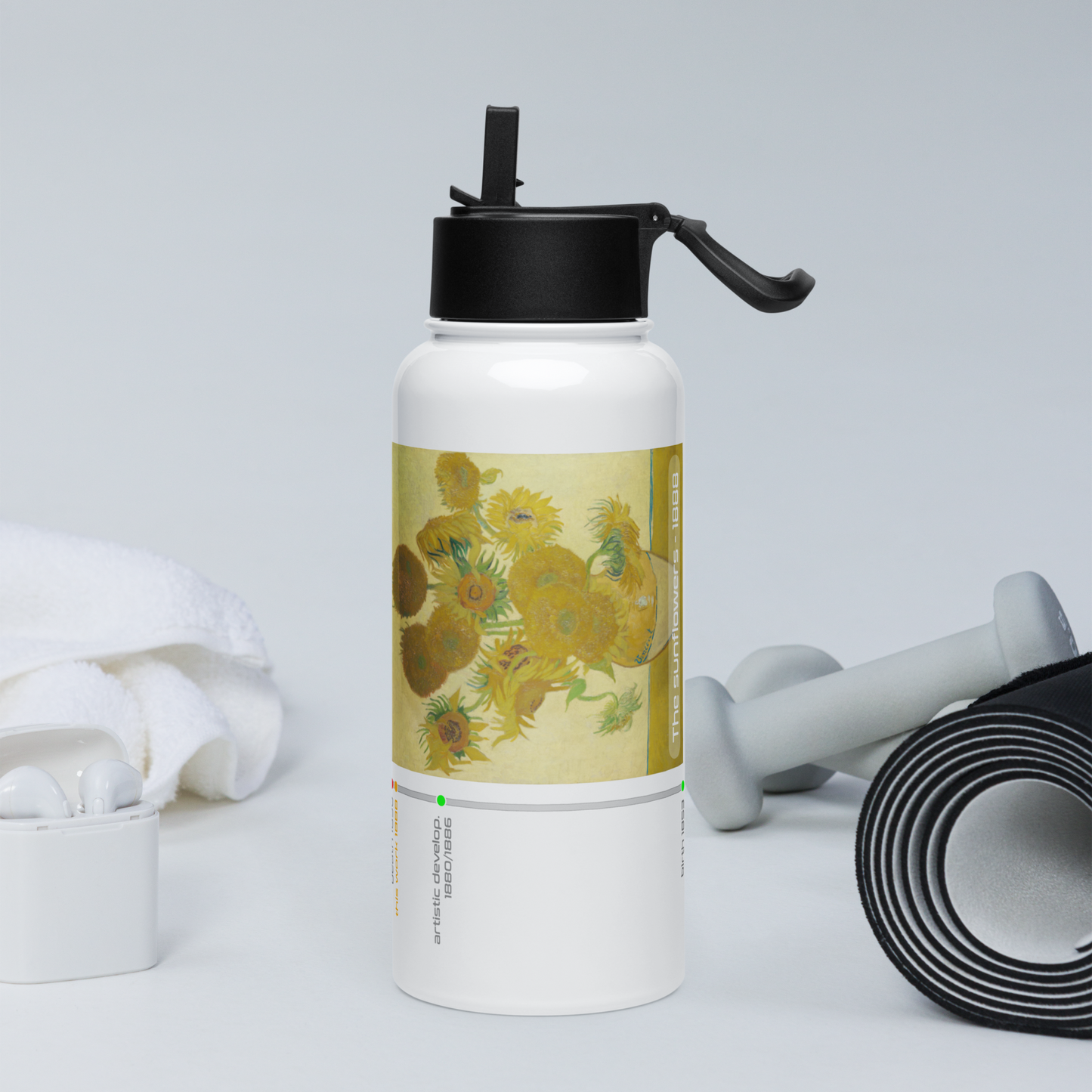 Van Gogh Collection - The Sunflowers - Stainless Steel Water Bottle With a Straw Lid