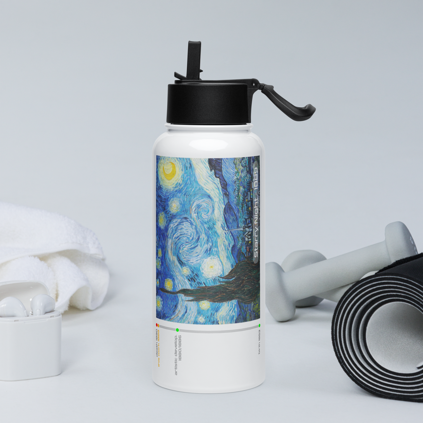 Van Gogh Collection - Starry Night - Stainless Steel Water Bottle (with a straw lid)